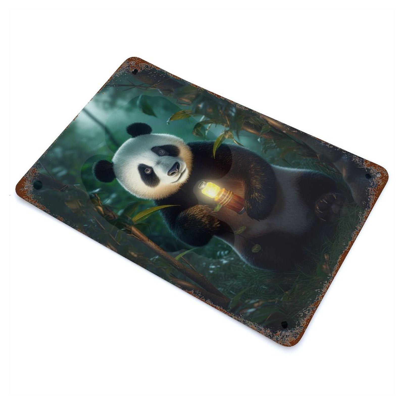 Rust Effect Fantasy Panda Glowing Lamp Weathered Tin Sign 11.8"x7.9", Classic Wall Plaque for Living Room, Hallway And Home Decor