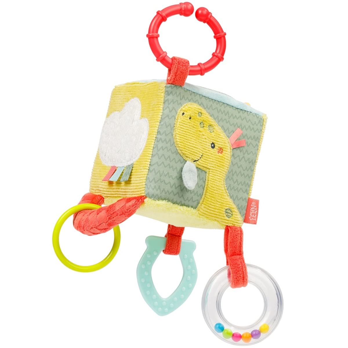 Fehn cubo de actividades motrices Happy Dino, juguete de actividades motrices cubo de actividades para colgar en cochecitos, cunas y portabebés, cubo de actividades para bebés y niños