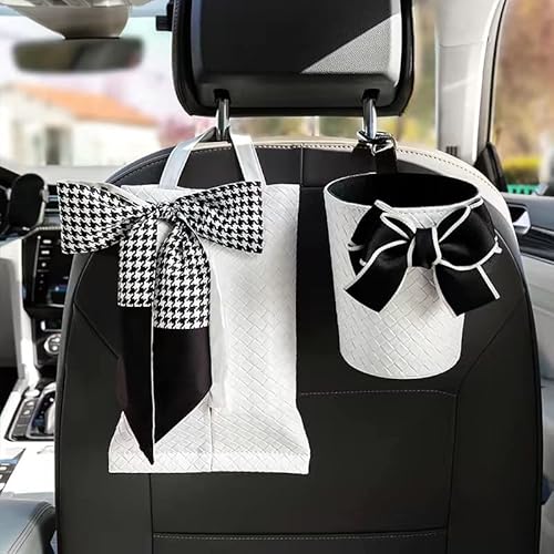 HEHW ティッシュケースとゴミ箱 2点セット 吊り下げ 車用 ティッシュカバー 後部座席 壁掛け ティッシュボックス PUレザー製 車用収納ケース 小物入れ リボン レディース おしゃれ (ホワイト)