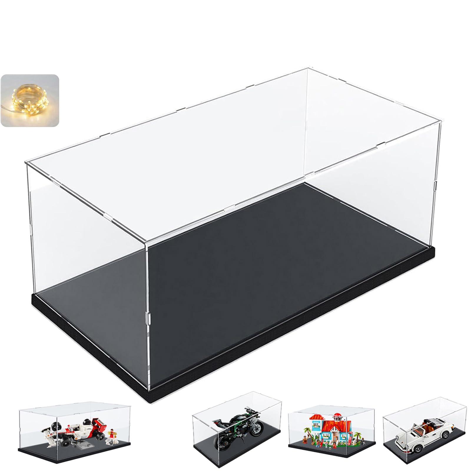 Thickened Clear Acrylic Display Case for Lego 10330 43268 76450 42170 10295 10353 Collectibles, Transparent Box Dustproof Protection with Wood-Plastic Base & String Light, Black Inside 15.7x7.9x7.9in