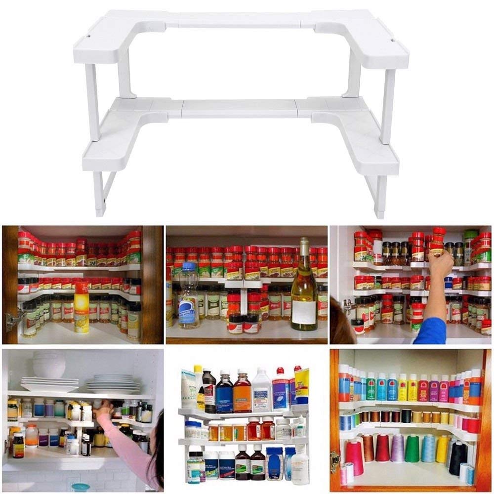 ICOCO 2 Tiers Spicy Racks Kitchen Shelf Stackable Bottle Storage Adjustable Extendable Multi Purpose Kitchen Under Sink Rack Shelf Organiser Storage No brand