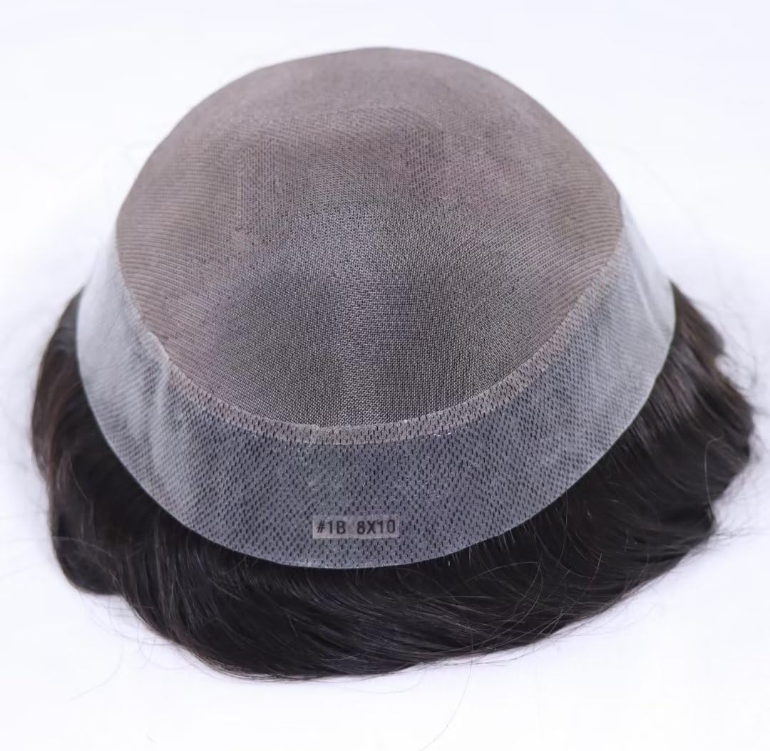 HAPPY&CC Toupee Hair System for Men Swiss Lace Front Fine Mono Mens Toupee Hairpieces Natural Hairline Human Hair Replacement System 8"x10"Hand Tied Man Wigs (1B# OFF Black)