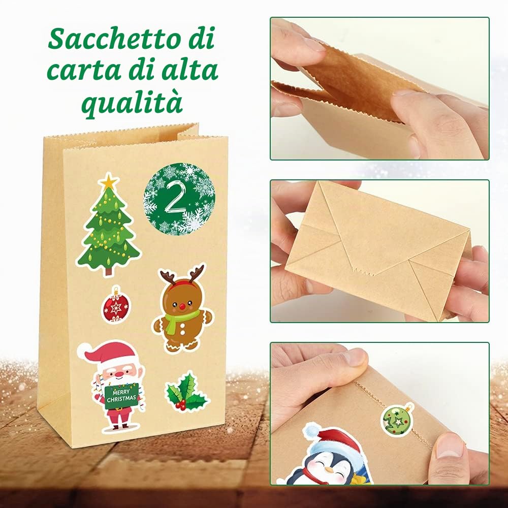 Sprinlot Calendario dell'Avvento, 25 Sacchetti di Carta Kraft con Adesivi Numerici, Calendario dell'Avvento Fai da Te, Avvento Calendario Avvento da Riempire, Calendario di Natale per Bambino