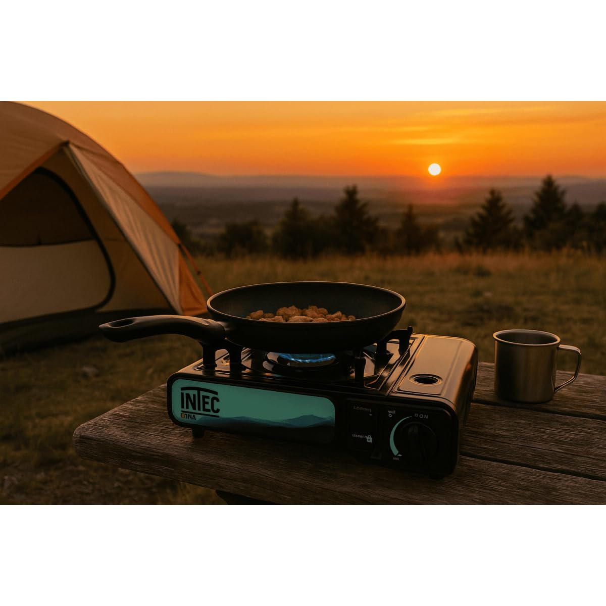 INTEC - Fornello a gas portatile 2200 W + 8 cartucce gas butano Camping Road Trips Piezo Valigetta Etna