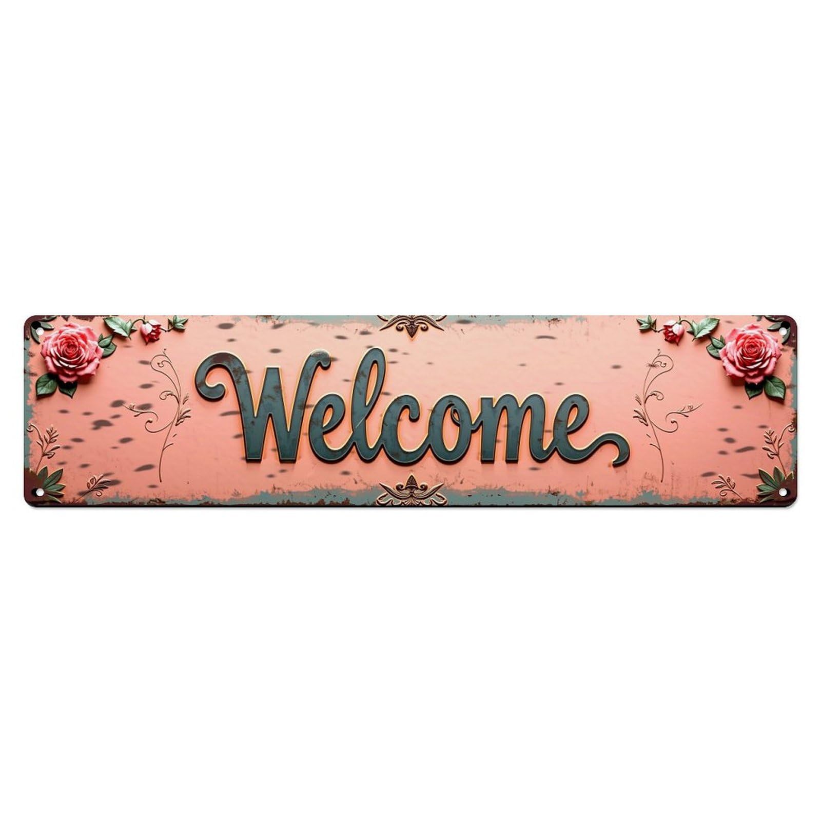 Welcome Sign With Roses Vintage Metal Tin Sign Retro Wall Decor for Home Bar Garage Cafe, Indoor & Outdoor Decorative Metal Poster, 4x16 Inch