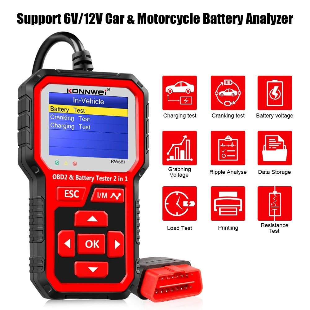 KONNWEI KW681 OBD2 Diagnosegerät & 6V/12V Batterietester, 2-in-1 OBD2 Scanner mit Live-Daten, Fehlercode Auslesegerät, Motorprüfer, Auto-Diagnosetool für BMW VW Audi Benz SUV Alle OBDII Fahrzeugen