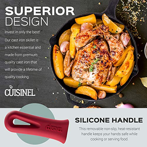 Image of Cast Iron Skillet Set - 8 inch + 12 inch-Inch Frying Pan - Pre-Seasoned Oven Safe Cookware + 2 Heat-Resistant Handle Holder Grips - Indoor /Outdoor Use - Grill, Stovetop, Induction Safe. PFAS and PFOA-free