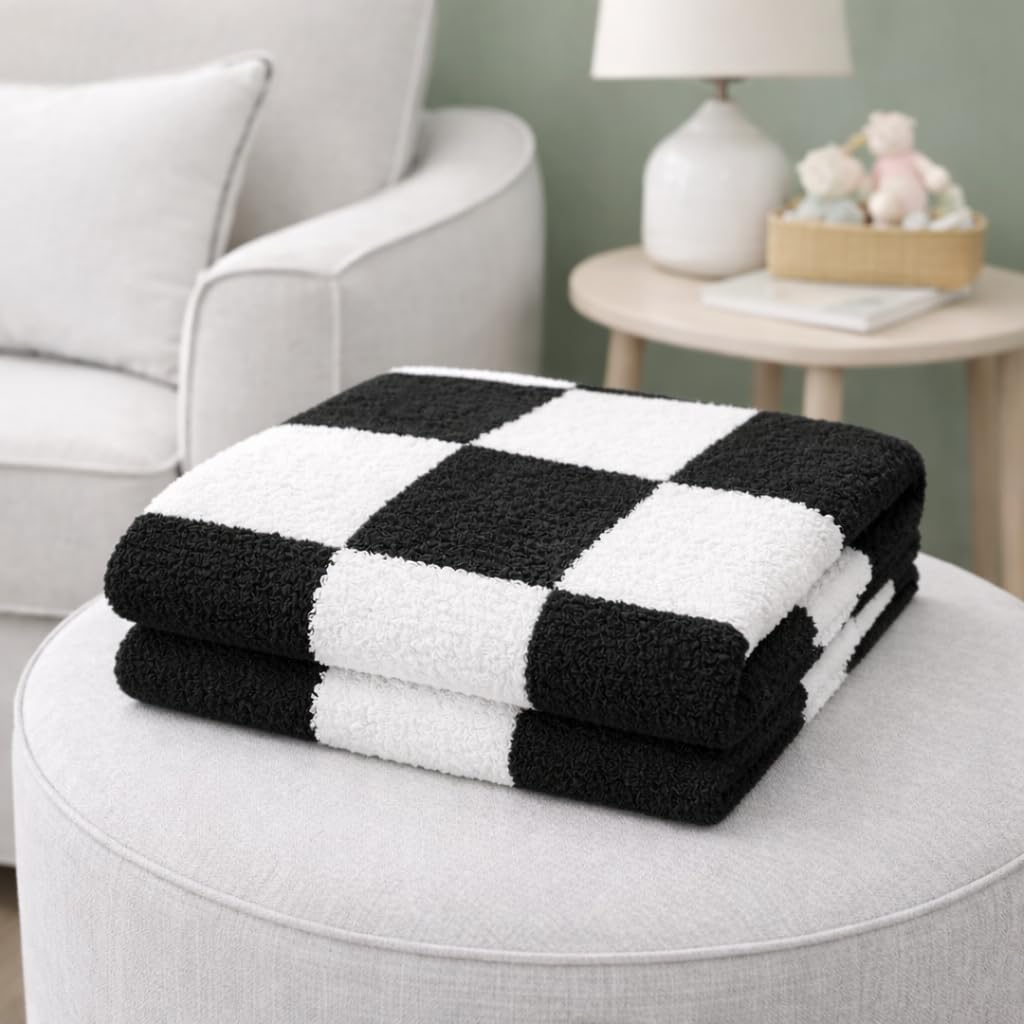Manta de bebé a cuadros de 28 x 40 pulgadas con parche de cuero, manta de punto suave para cuna o cochecito, manta de recepción/regalo esencial para niños pequeños, bebés o niños (negro/blanco)