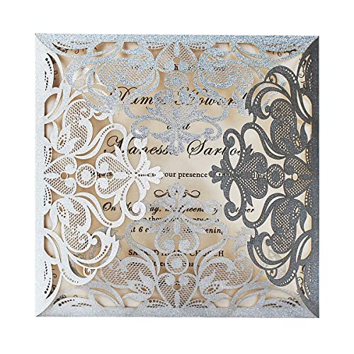 Hosmsua 20x Tarjetas de Invitación de Boda de Plata Brillante con Sobres, Corte Láser Hueco de Encaje Rosa Invitaciones de Boda para Invitación de Aniversario