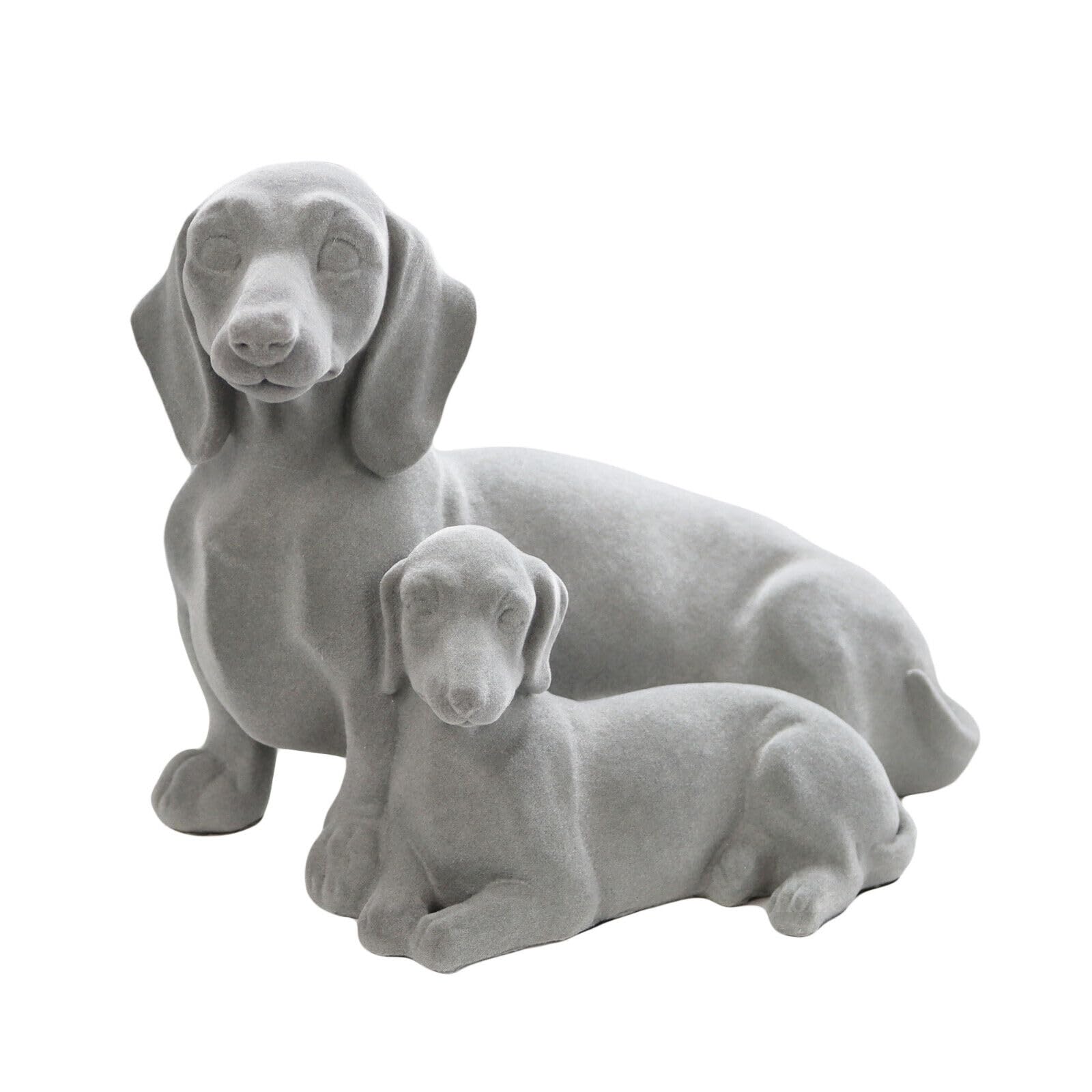 Darthome Grey Dachshund Pair Ornament 21Cm Velvet Resin Sitting Sausage Dog Family Sculpture