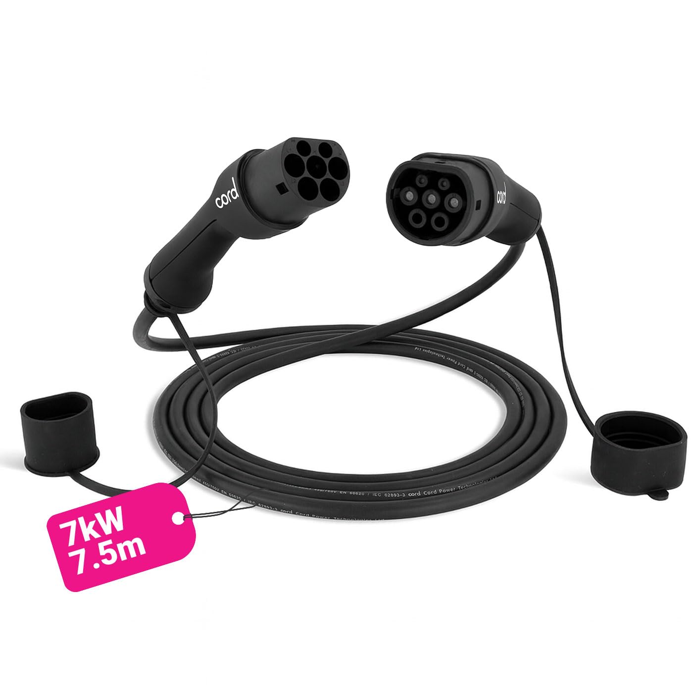 Cord Type 2 to Type 2 EV Charging Cable, 32amp, 7.4kW, 7.5 Metre, Single Phase, Black & White