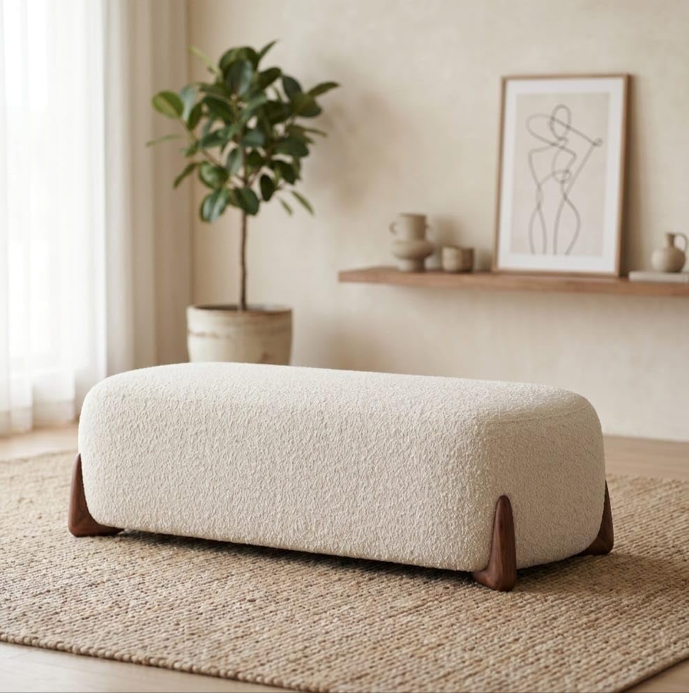 Modern Bouclé Upholstered Ottoman Bench, Cream White Accent Footstool with Solid Wood Legs, Soft Padded Bench Seat for Living Room, Bedroom, Entryway & Lounge Decor-image-16