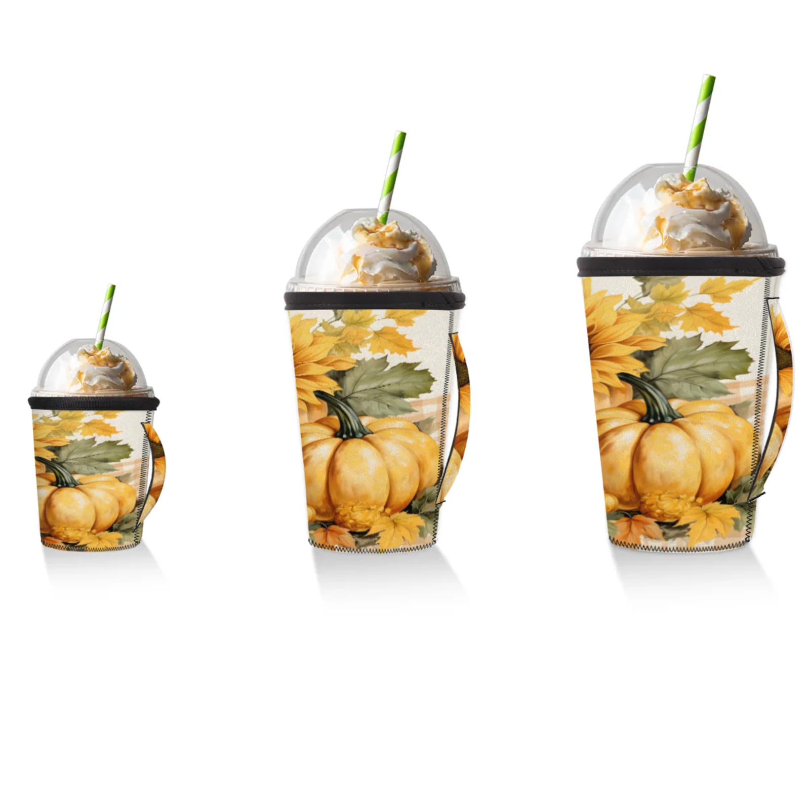 Pumpkin Daisy Watercolor Reusable Neoprene Coffee Sleeve with Handle Insulated Iced Coffee Cup Holder Reduces Condensation Fits 24-28 oz Cups M