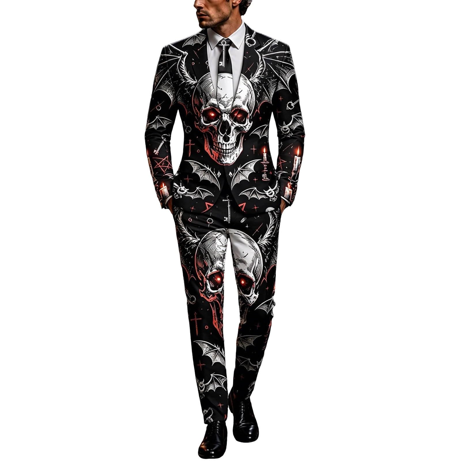 Generisch Halloween Anzug Herren 2 Teilig Anzug Slim Fit mit Halloween-Print Herrenanzug Elegante Anzüge Modern Jacke Stilvolle Sakko für Partys Veranstaltungen Blazer Mantel Festlich Kostüm