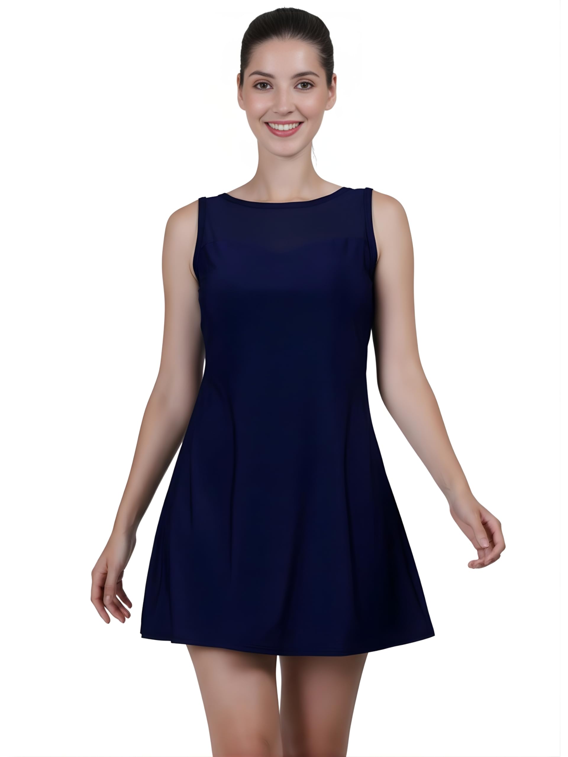 Tummy Control One Piece Swimming Costume with Chest Pads Attached Inner Short Vintage Frock Style Swimsuit Swimwear for Women