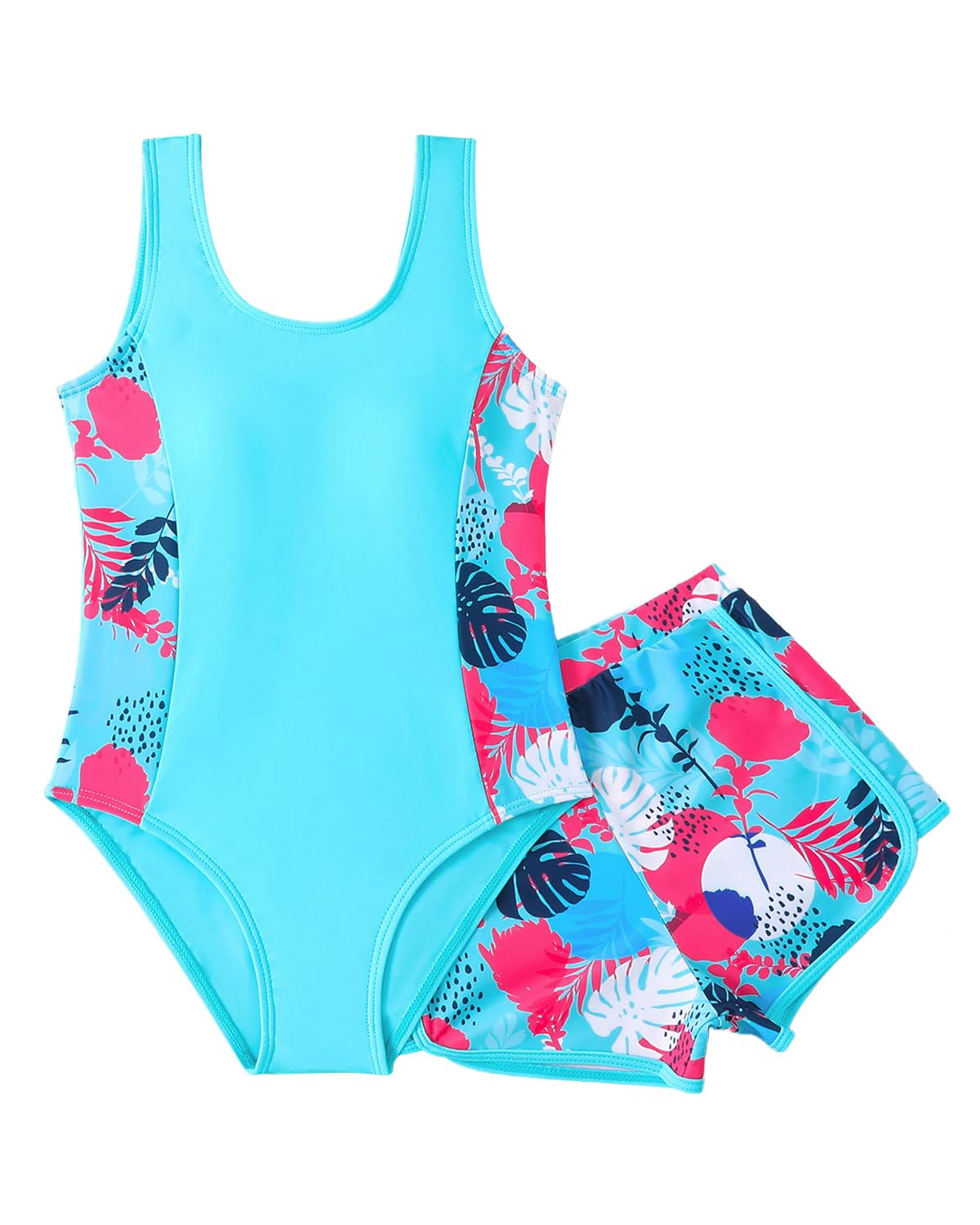 WYTbaby Badeanzug Mädche Einteiler Uv Badebekleidung ärmellose Bademode mit Shorts Tropischer Druck für Mädchen 7-14 Jahre