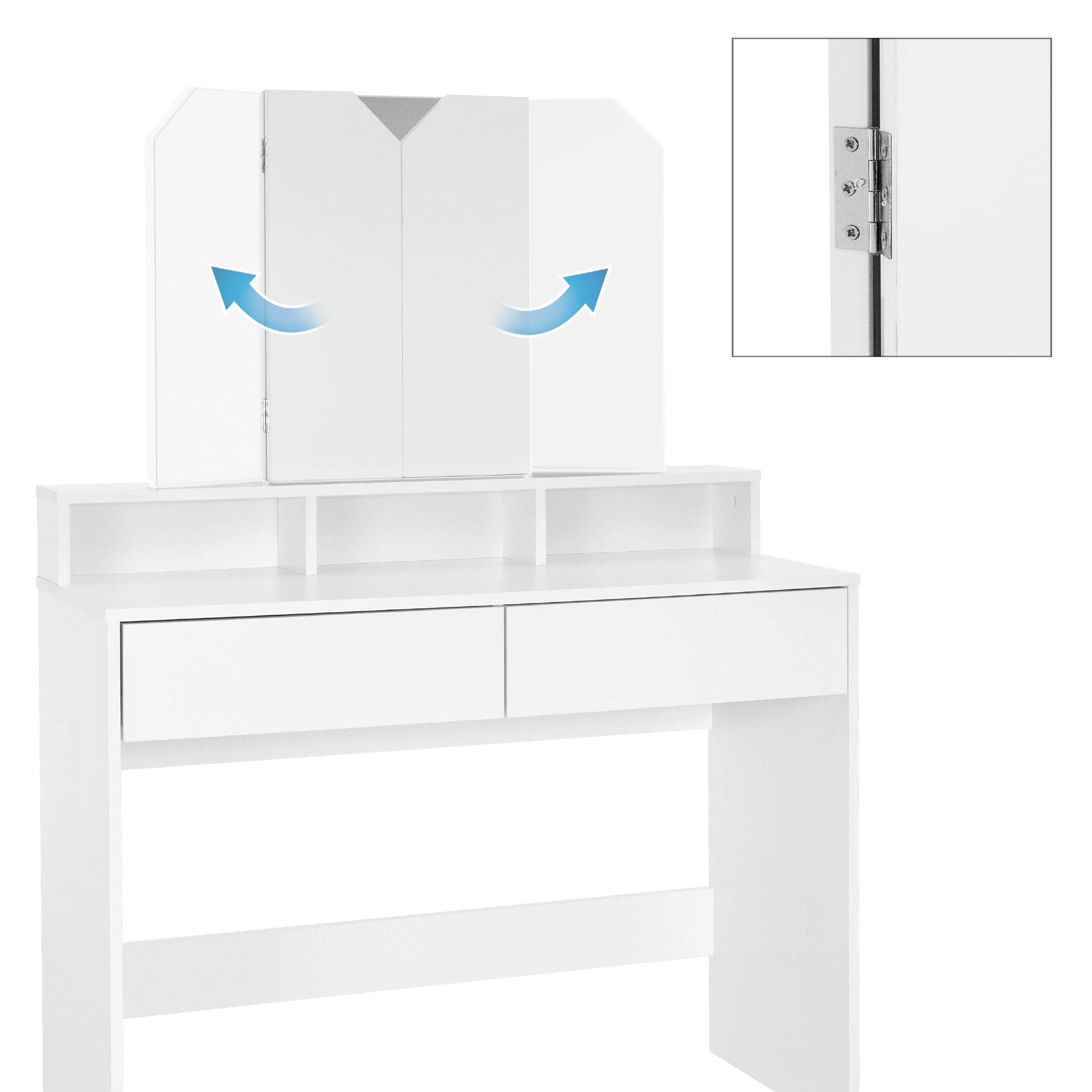 ML-Design Schminktisch, Frisiertisch mit 3-tlg. Klappspiegel und 2 Schubladen, 100 x 40 x 140 cm, Weiß, modern, Kosmetiktisch mit 3 offenen Fächern, Frisierkommode Schminkkommode Kommode Make-Up Tisch
