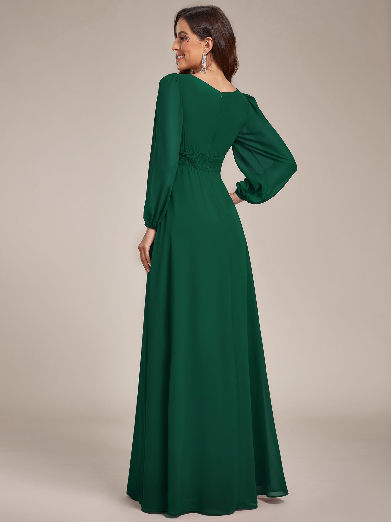 Ever-Pretty Vestito da Sera Donna Lungo Cintura Rotondo Manica Lunga Elegante Abiti da Cerimonia ES0106B Verde Scuro 44