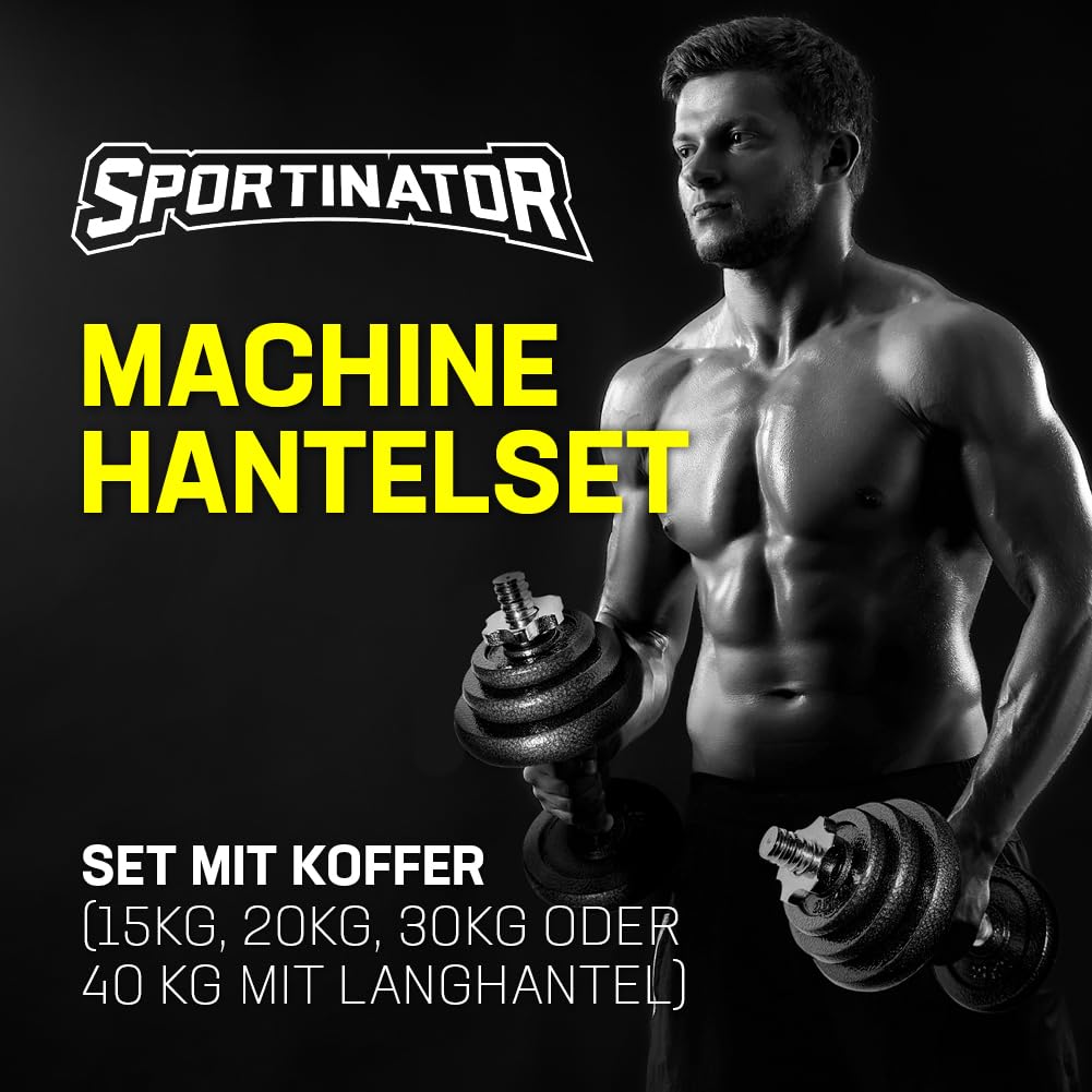 SPORTINATOR® "Machine" Hantel Set mit Koffer – Kurzhantel oder 2-in-1 Hantelset (15–40 kg) – Gusseisen & Stahl – Für effektives Ganzkörpertraining zu Hause oder unterwegs