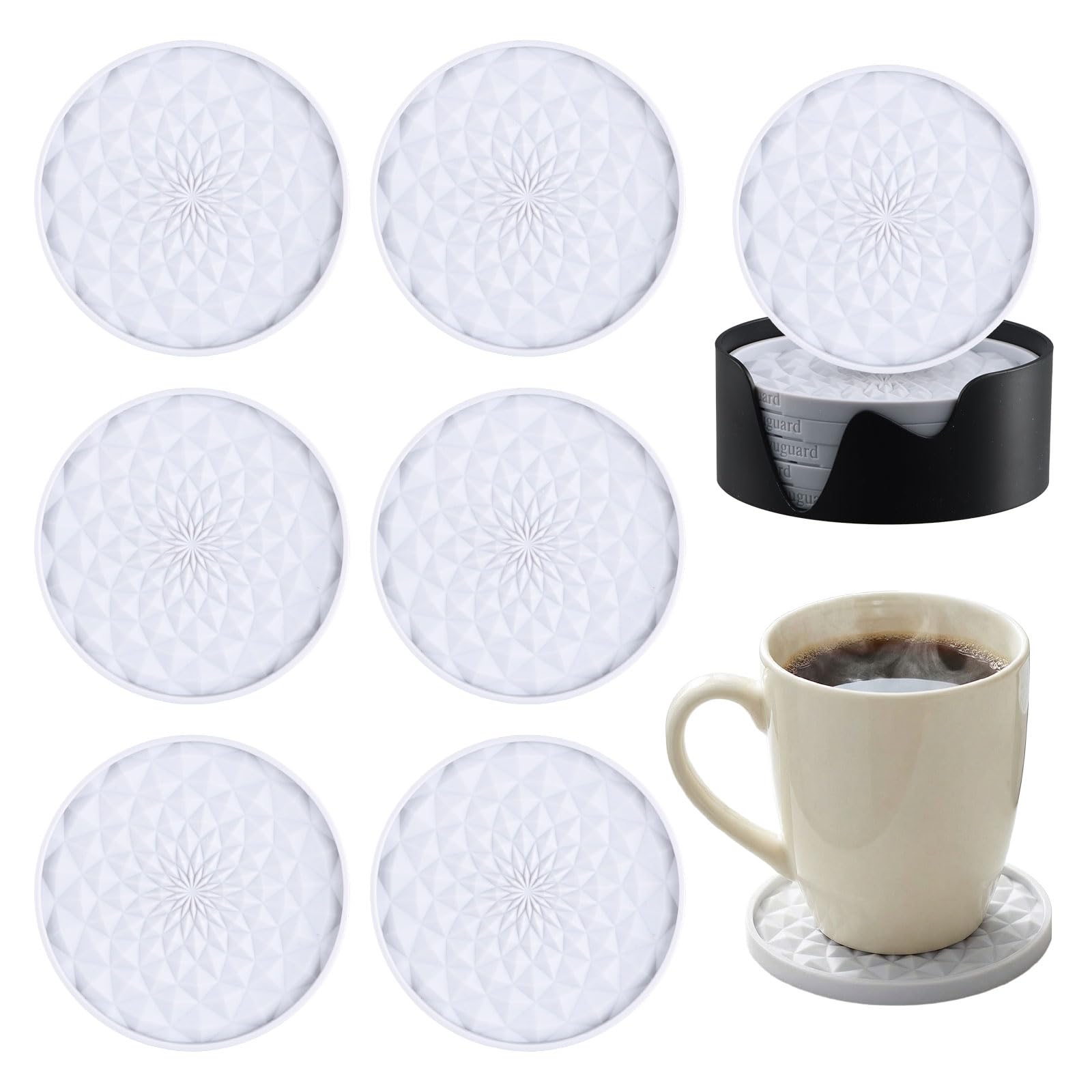 Culinavog Light Grey Coasters Set Of 6, Reusable Coasters With Holder, Silicone Coaster For Hot Or Cold Drinks, Thickened, Non-Slip, Non-Stick, Deep Tray, Ideal For Families Gatherings And Offices