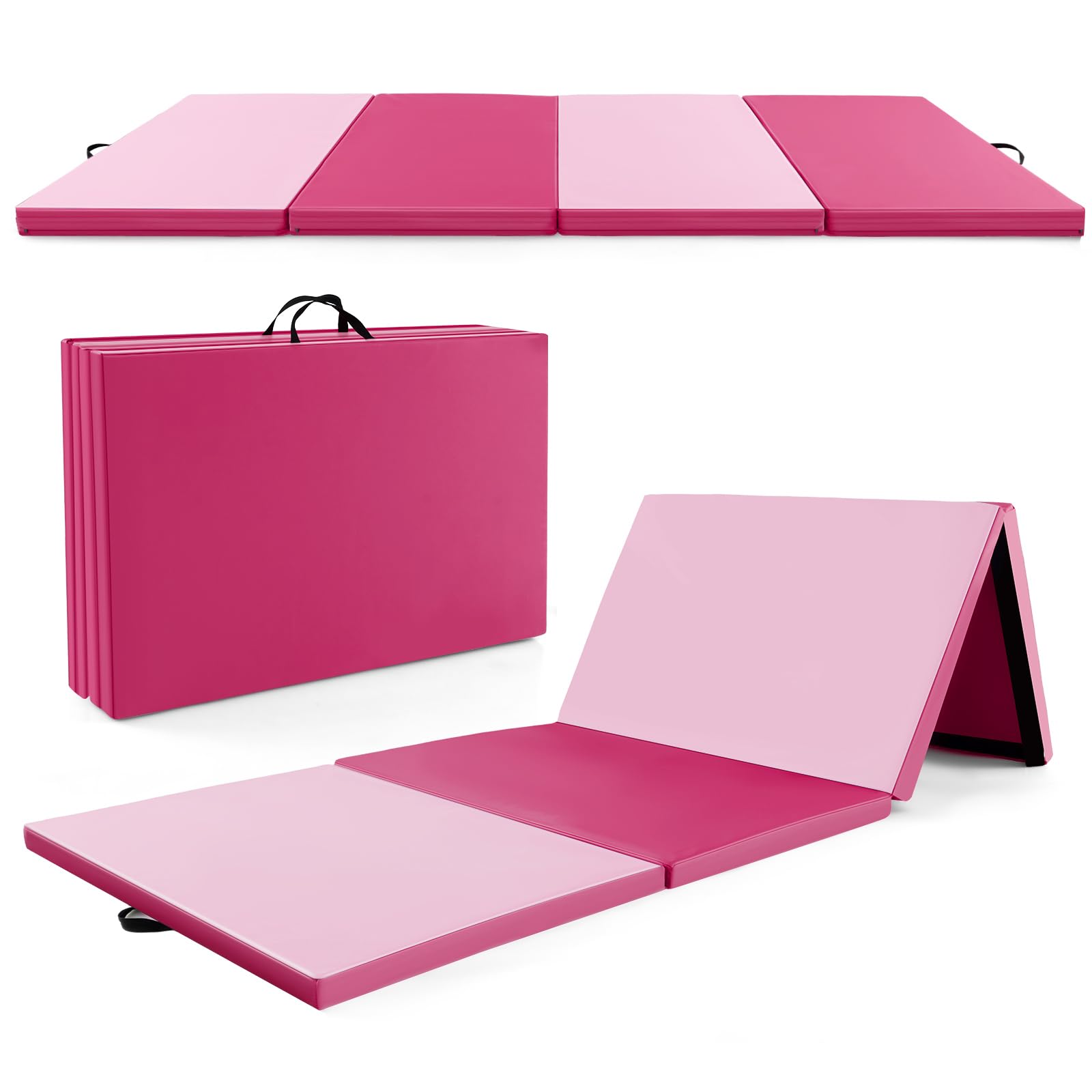 GOPLUS Tapis de Gym Pliable à 4 Plis, 300 x 117 x 5 CM, Tapis de Gymnastique en Cuir avec Fermeture à Boucle, Combinaisonable avec Crochet, Poignée de Transport, Tapis de Sport pour Fitness, Gym, Yoga