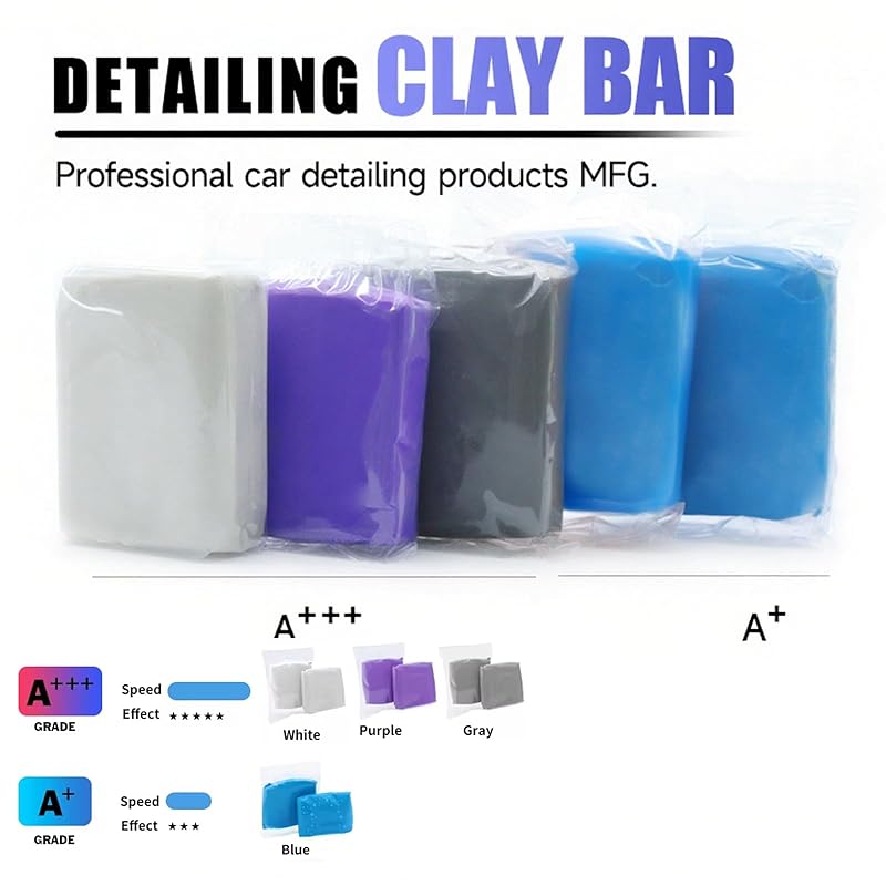 3-Pack Car Detailing Clay Bar Set – White, Purple & Gray – Fine to Medium-Coarse Grades for Paint, Glass & Chrome – Reusable, Safe for Wax, Coating & PPF Prep