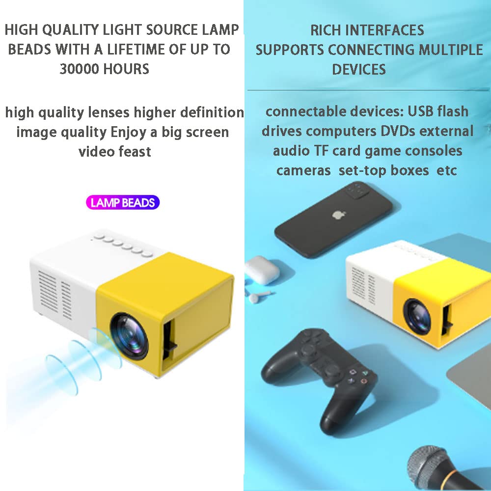 Mini proiettore portatile per cartoni animati, regalo per bambini, proiettore per film all'aperto, adatto per film home cinema, con interfaccia USB HDMI e telecomando (giallo e bianco)