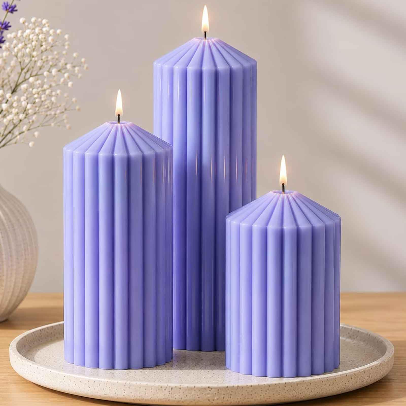 Ribbed Pillar Candles Set of 3, Width 3" High 4" 6" 8" Large Soy Wax Lavender Scented Modern Candles for Home Decor, Dinner Table, Living Room, Housewarming Gift