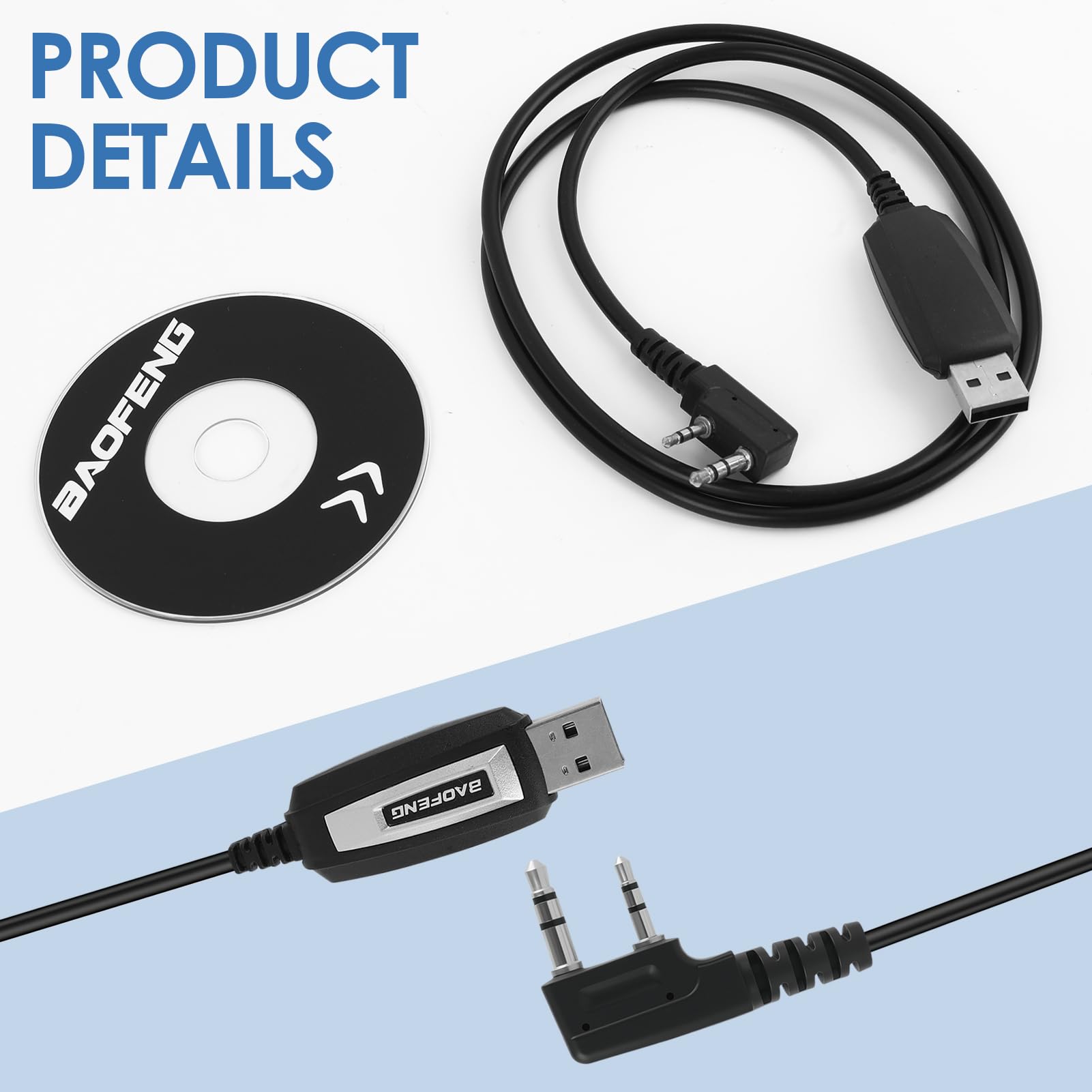 Câble de programmation 99 cm pour radios BAOFENG UV-5RA, UV-5R Plus, UV-5RE, UV3R Plus, BF-888S, 5R EX, 5RX3, GA-2S - Connecteur auxiliaire, design anti-nœuds