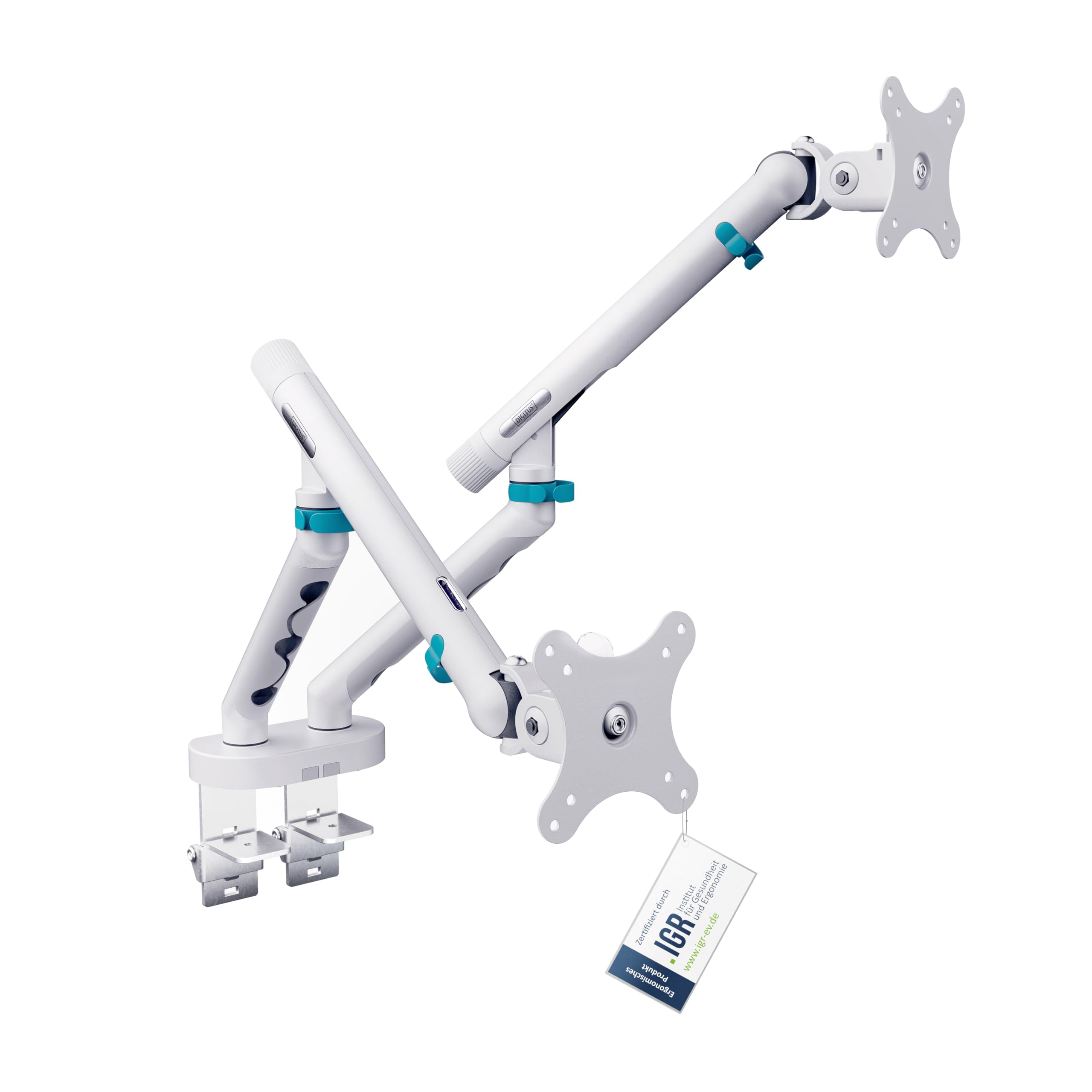 DIGITUS Monitor Halterung 2 Monitore – bis 35 Zoll – mechanische Feder | 10 kg Traglast je Arm – für Flach- und Curved-Bildschirme – VESA 75, 100 – Tischklemme – Weiß