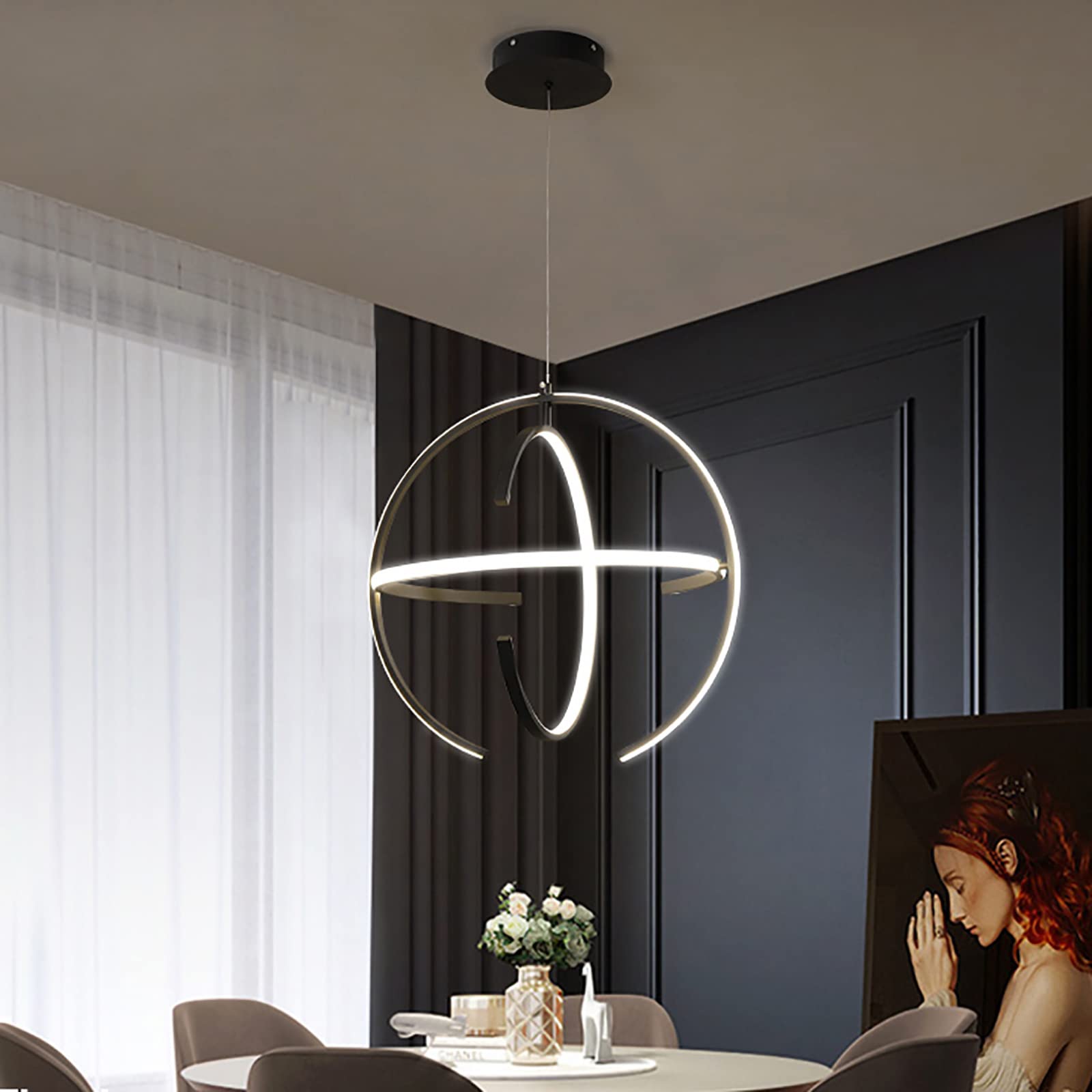 KXEcoLife Modern LED Chandelier with Dimmable Pendant Light Fixtures for Dining Kitchen Bedroom Livingroom Contemporary Acrylic Hanging Black 55x55cm 3 Rings Globe