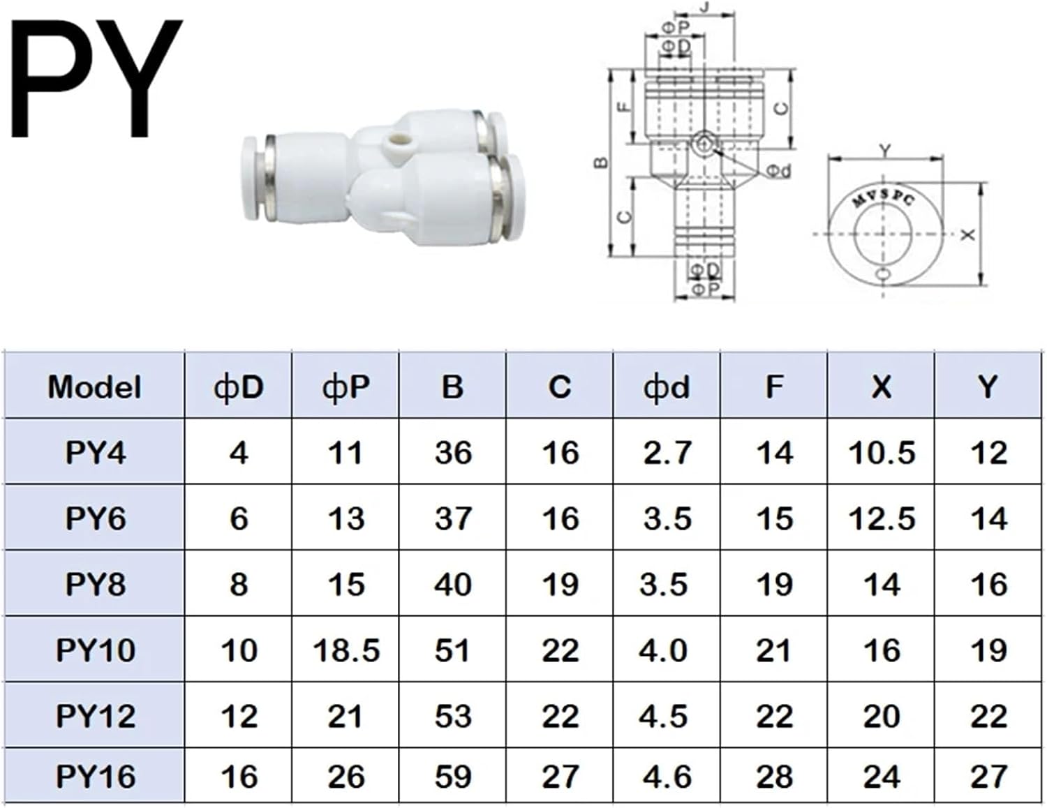 White PY Tracheal Quick Plug Connector Y Type Three-Way PY4 6 8 10 12mm Pneumatic Components Fitting 100Pcs(PY6(6mm))