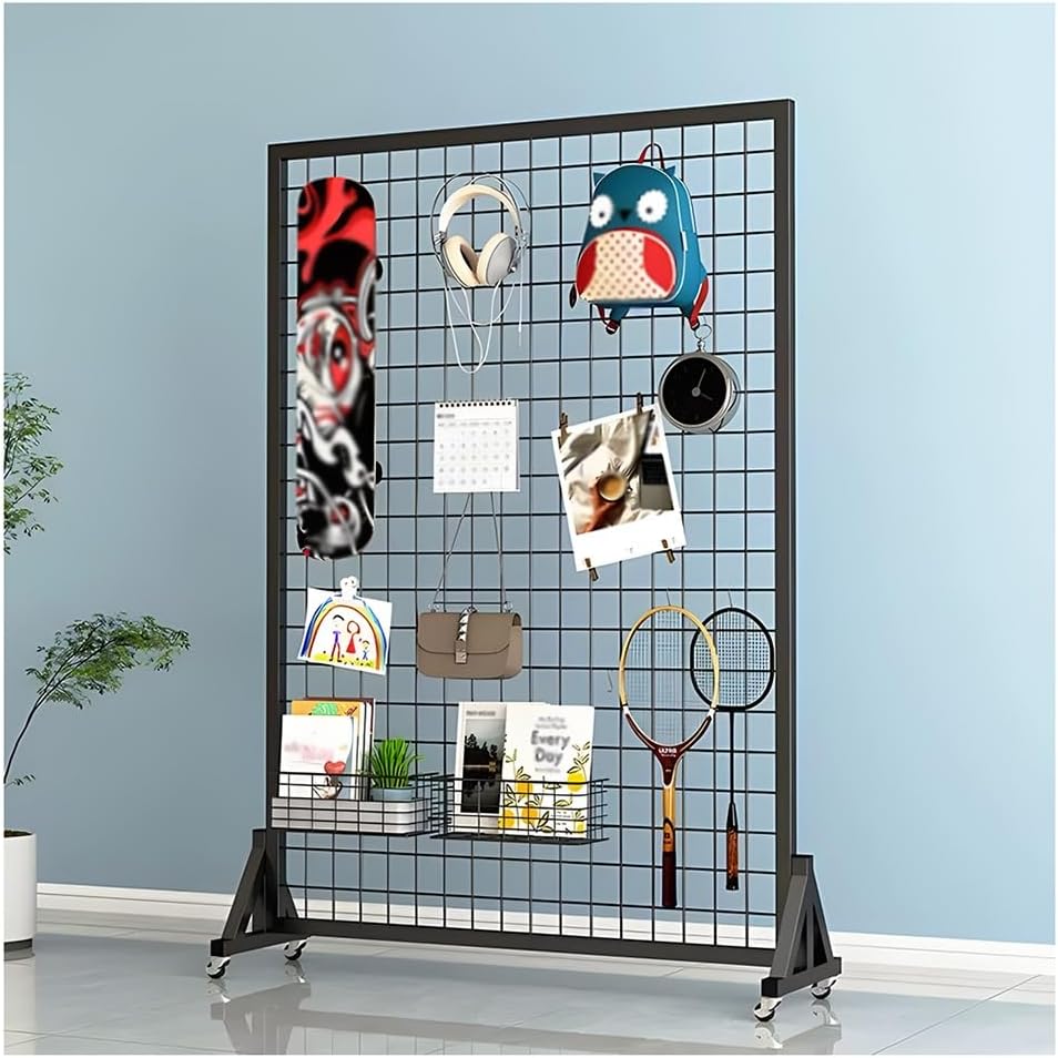 Movable Wire Gridwall Display Rack with T Base & Silent Wheels, 120x80cm Shelf Dividers & Panels for Retail & Trade Shows, Versatile Floor Standing Organizers