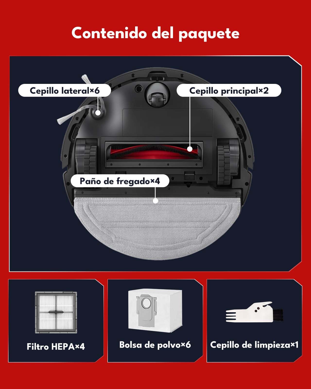 24 Piezas Kit de Accesorios para Roborock Q10 S5+ Robot Aspirador: 2 Cepillos Principales, 6 Cepillos Laterales, 4 Filtros HEPA, 6 Bolsas para el Polvo, 4 Almohadillas de Fregado y 1 Cepillo