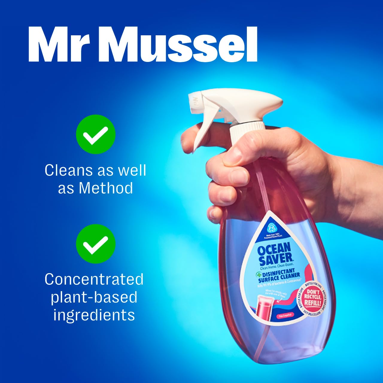 OceanSaver Antibacterial & Disinfectant Surface Cleaning Spray - 6x 9ml Refills | Powerful Just Add Water Multi-Surface Cleaner | Plastic-Free, Plant Based & Cruelty-Free | Pink Grapefruit Scent