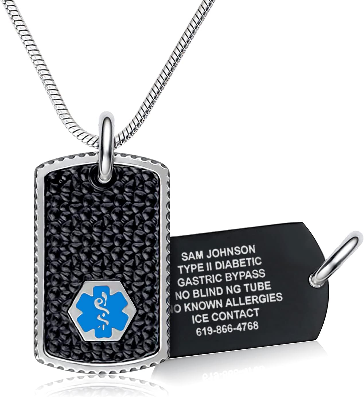 Divoti Medical Alert Necklace for Men & Women | Custom Engraved Black Dog Tag Medical ID Necklace with Caduceus |Snake Chain with Lobster Claw Clasps | Hypoallergenic Surgical Stainless Steel