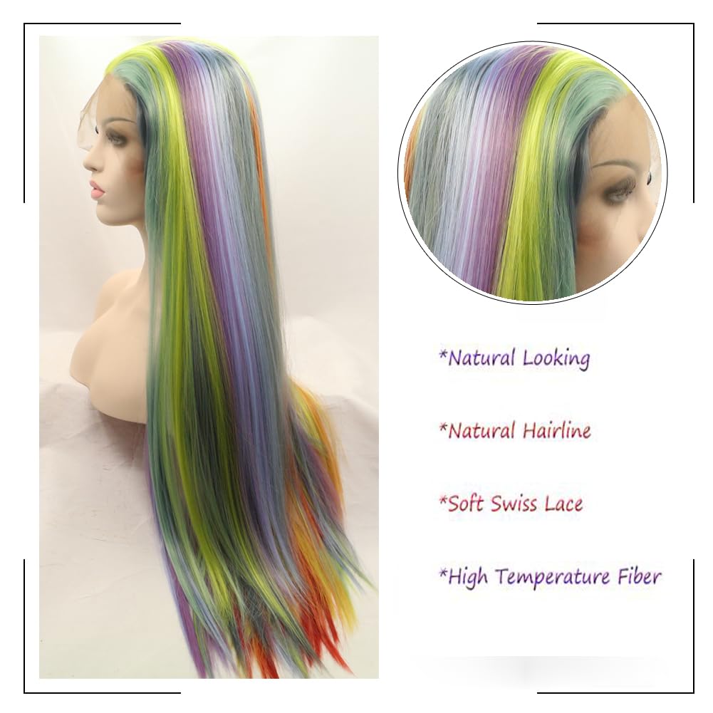 Long Straight Rainbow Wig Synthetic Lace Front Wig for Women Multi-Colored Glueless Wig Heat Resistant Colorful Soft Wigs for Party Cosplay 24inch