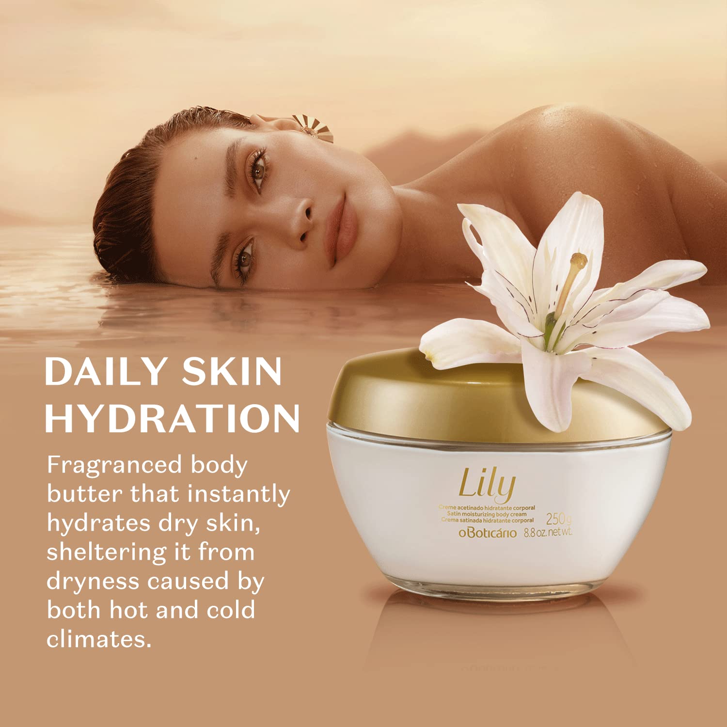 O Boticário Lily Satin Hydrating Body Cream, 24 Hour Fragranced Body Butter for Dry Skin, 8.8 Ounce : Beauty & Personal Care