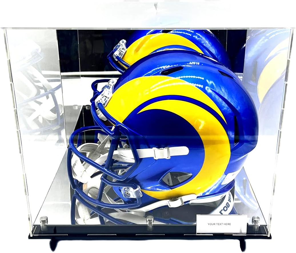 Football Helmet Display Case with Wall Mount -Box Mirror 2-Level Riser Showcase Shoes UV Protection (Display Case + Wall Mounts)