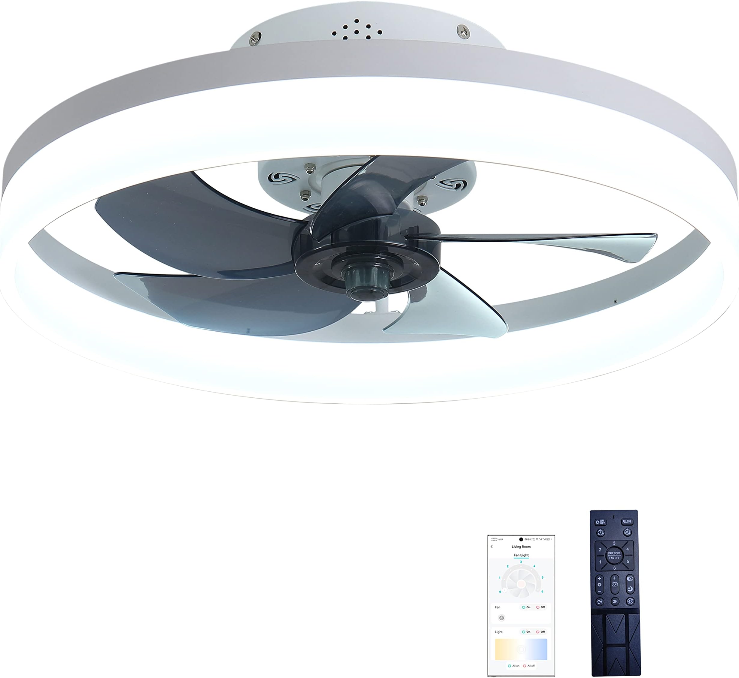 Modern Ceiling Fan with Lights Remote Control, 6 Speeds 3 Colors Geometric Bladeless Ceiling Fan with Lights, Black Low Profile Flush Mount Ceiling Fan for Kitchen Bedroom Living (White)