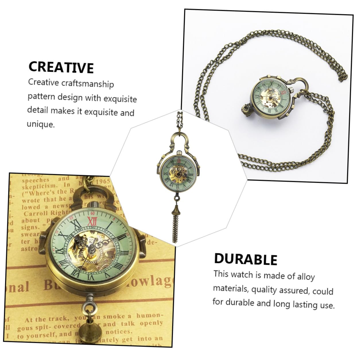 Gatuida Reloj de Bolsillo Mecánico Cadena y Esfera Esférica de Vidrio, Diseño Vintage y Artesanal Único para Uso Diario y Ocasiones Obsequios
