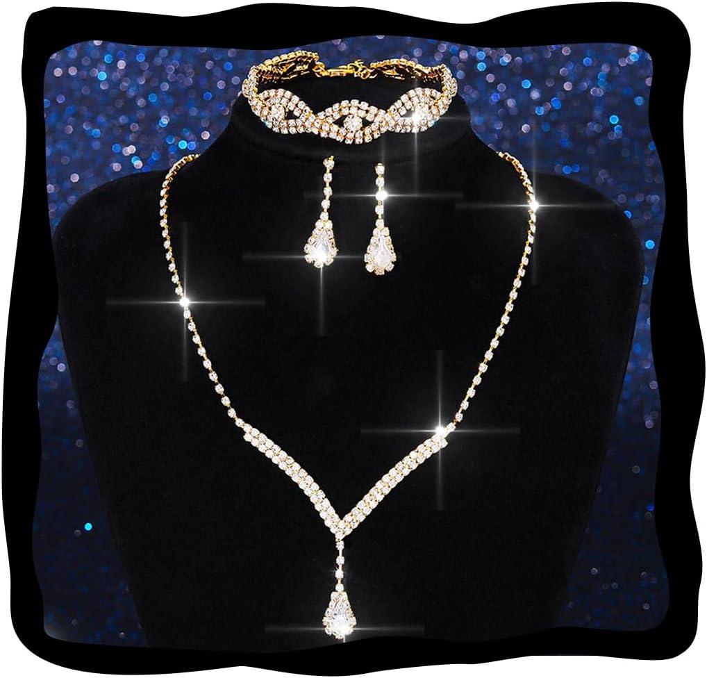 Aukmla Bridal Wedding Jewelry Set Rhinestone Necklace Earrings Bracelet Sets Crystal Prom Jewelry for Women and Brides