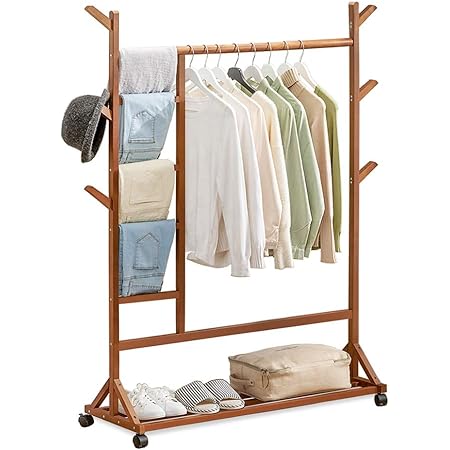 Amazon Bubm ハンガーラック 天然竹製 キャスター付き 衣類収納 洋服掛け スタンド コートラック 衣類ハンガー パンツラックデザイン 大容量 頑丈 省スペース リビング 子供部屋 寝室 玄関 北欧風 耐荷重 幅100 奥行35 高さ155cm 組立簡単 日本語取扱説明書付き