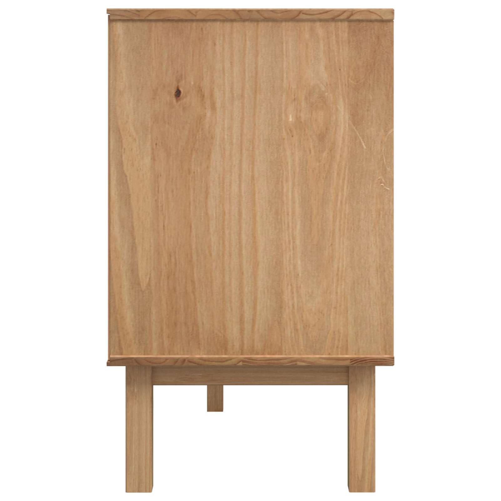 Kredens OTTA z dużą ilością miejsca do przechowywania, lite drewno sosnowe, brązowy/czarny, 114 x 43 x 73,5 cm, 3 szuflady + 3 drzwi – do salonu i jadalni