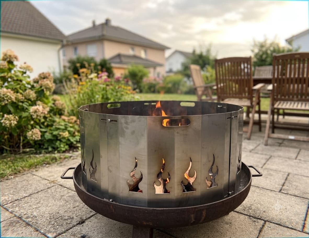 Funkenschutz für Feuerschale 80 cm - Stahl mit Flammenmotiv, 30 cm hoch, hitzebeständig - Unbehandelter Stahl - Garten, Terrasse, Gastronomie - Favilla