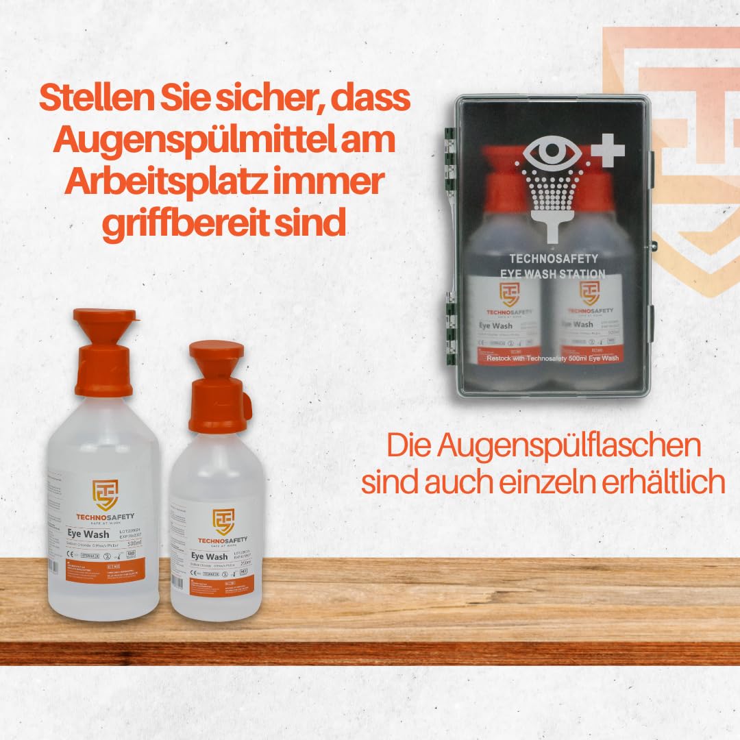 Augenspülstation – Inklusive 2 x 500 ml Augenspülflaschen – Sicherheitsspülstation für Notfälle - Wandset