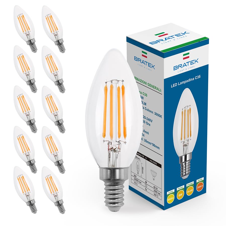 Bratek 10 Lampadine Led E14 Luce Calda Vintage a Candela 3000k 6W 660 Lumen - Lampadina Vintage Attacco Piccolo e14 a Filamento Led Trasparente Equivalente 75W a Incandescenza o 60w Alogena