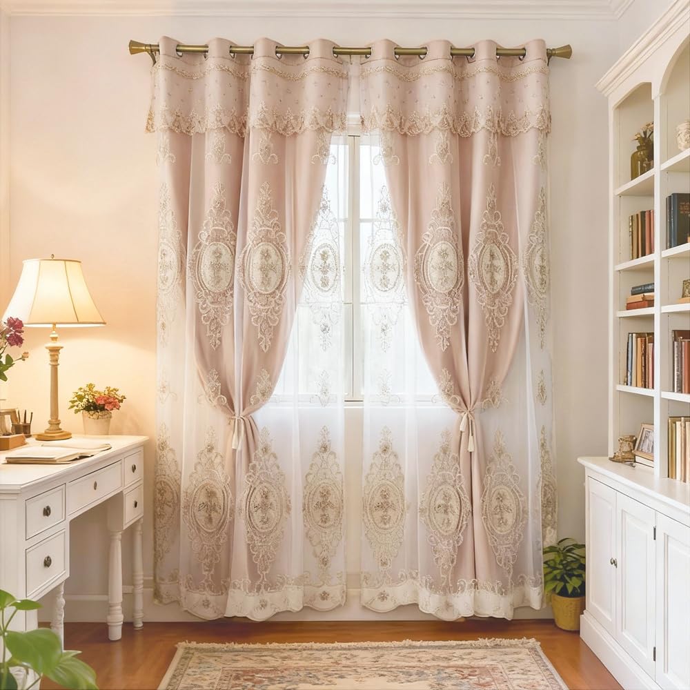 Photo 1 of Amidoudou 1 Pair European Double Layer Curtains with Valances for Living Room Bedroom Luxury 3D Flower Embroidered Curtains (Khaki,52x84 Inch)