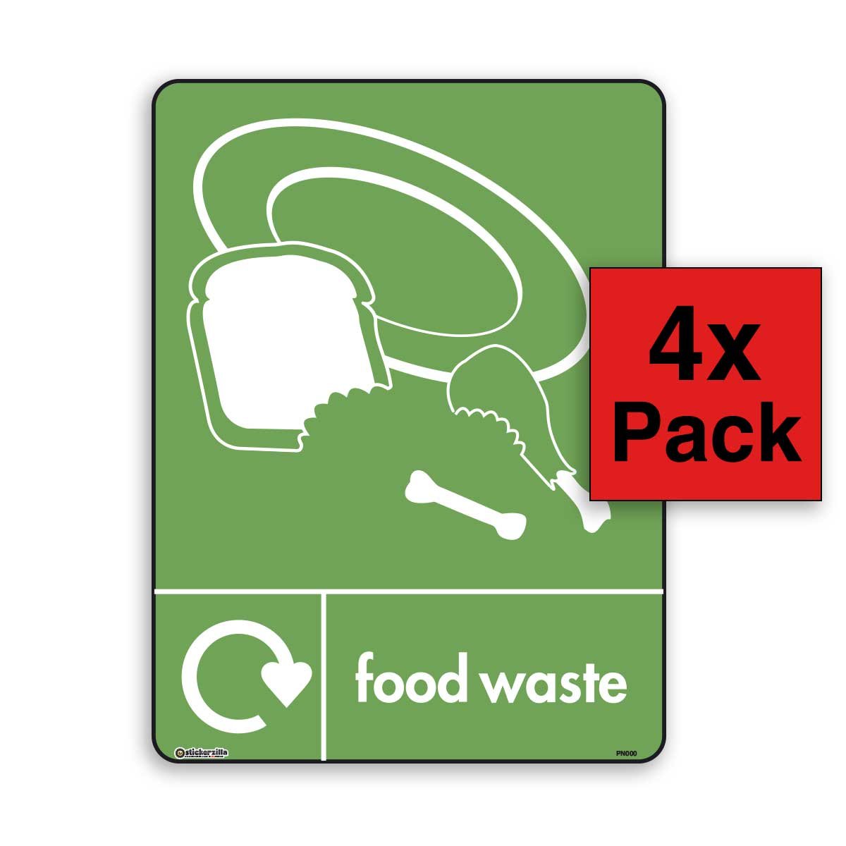Food Waste Bin StickerSign - WRAP, Self Adhesive Vinyl [A6 100mm x 150mm - 4 X Pack]
