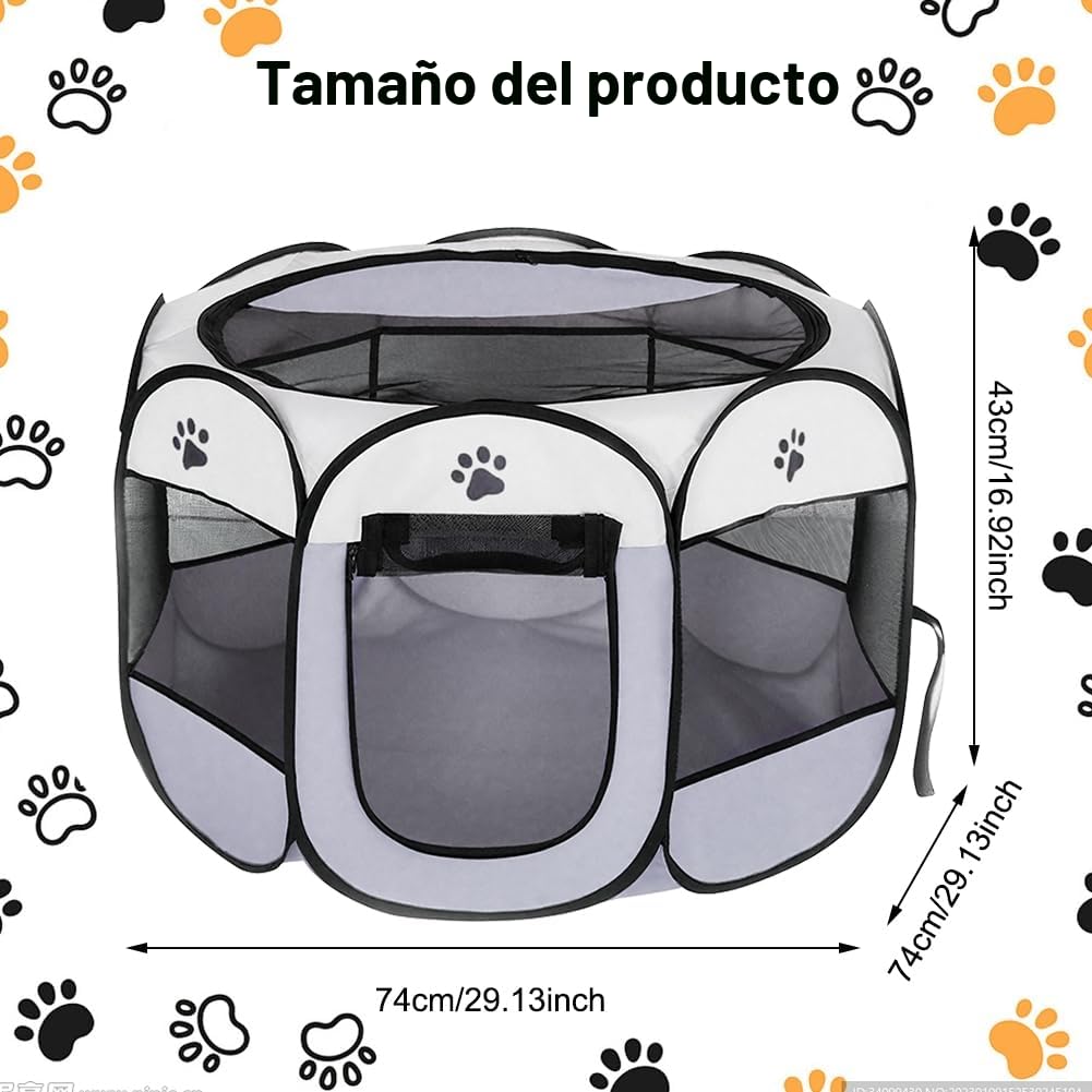 Parque para Perros 74x74x43cm, Jaula para Gatos Plegable, Jaula para Perros Portátil, Corralito para Gatos, Conejos, Animales Pequeños, Interior y Exterior (Gris)